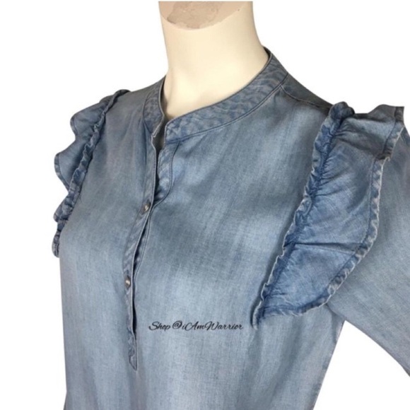 Anthropologie {Cloth & Stone) NWT ruffle shoulder chambray shirtdress - Picture 4 of 7